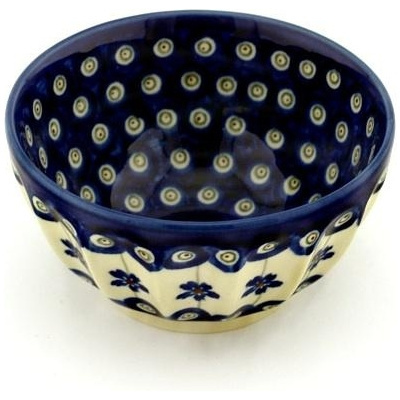 Polish Pottery Fluted Bowl 5&quot; Flowering Peacock