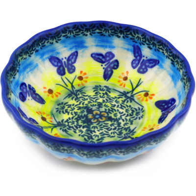Polish Pottery Fluted Bowl 5&quot; Flying Butterfly UNIKAT