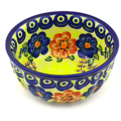 Polish Pottery Fluted Bowl 5&quot; Neon Poppies