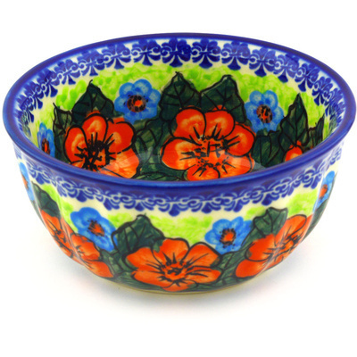 Polish Pottery Fluted Bowl 5&quot; Poppies UNIKAT