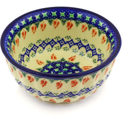 Polish Pottery Fluted Bowl 5&quot; Tulips And Diamonds
