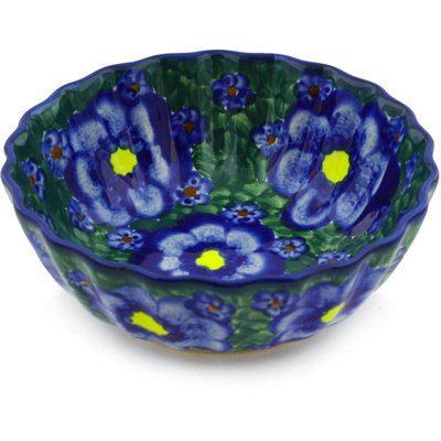 Polish Pottery Fluted Bowl 6&quot; Blue Daisies UNIKAT