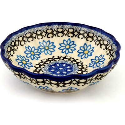 Polish Pottery Fluted Bowl 6-inch Blue Daisy Chain