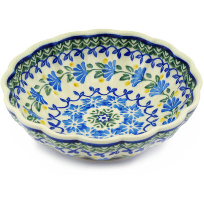 Polish Pottery Fluted Bowl 6-inch Blue Fan Flowers