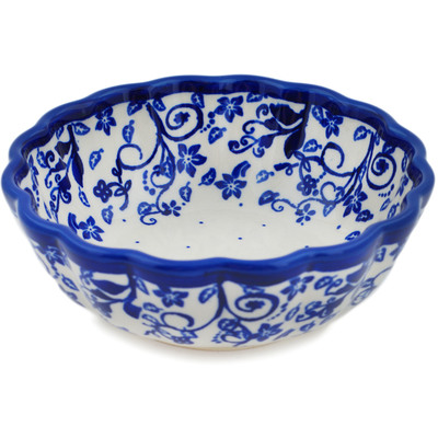 Polish Pottery Fluted Bowl 6&quot; Blue Vines