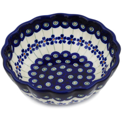 Polish Pottery Fluted Bowl 6&quot; Flowering Peacock
