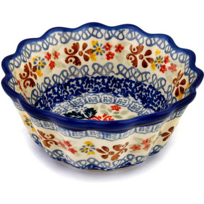 Polish Pottery Fluted Bowl 6&quot; Fresh Dahlias UNIKAT