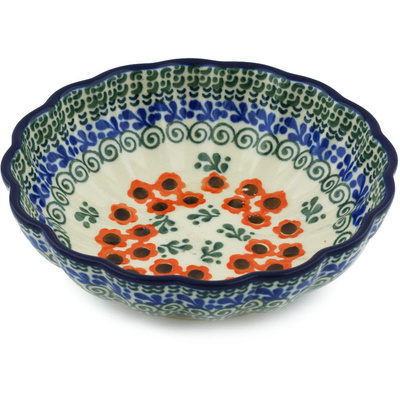 Polish Pottery Fluted Bowl 6-inch Orange Poppy Wreath