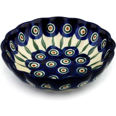 Polish Pottery Fluted Bowl 6-inch Peacock Leaves