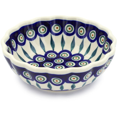 Polish Pottery Fluted Bowl 6&quot; Peacock Leaves