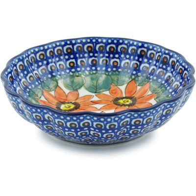 Polish Pottery Fluted Bowl 6-inch Red Blooms UNIKAT