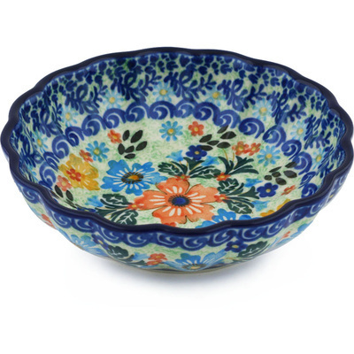 Polish Pottery Fluted Bowl 6-inch Red Floral Delight UNIKAT