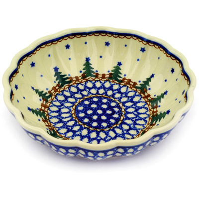 Polish Pottery Fluted Bowl 6-inch Winter Evergreen