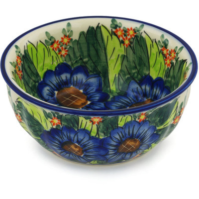 Polish Pottery Fluted Bowl 7&quot; Blue Bouquet UNIKAT