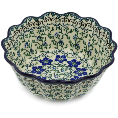 Polish Pottery Fluted Bowl 7&quot; Blue Dogwood