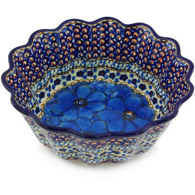 Polish Pottery Fluted Bowl 7&quot; Blue Poppies UNIKAT