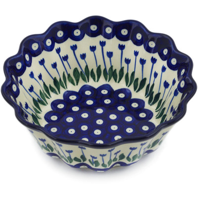 Polish Pottery Fluted Bowl 7&quot; Blue Tulip Peacock
