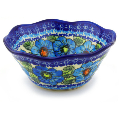 Polish Pottery Fluted Bowl 7&quot; Bold Blue Poppies UNIKAT