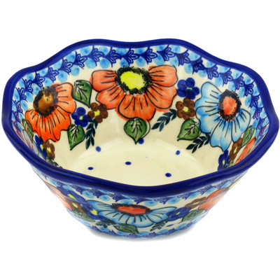 Polish Pottery Fluted Bowl 7&quot; Bold Poppies UNIKAT