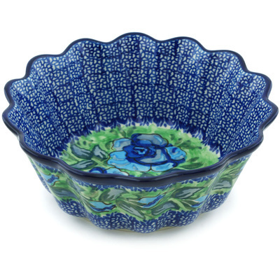 Polish Pottery Fluted Bowl 7&quot; Matisse Flowers Cobalt UNIKAT