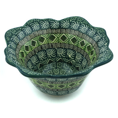 Polish Pottery Fluted Bowl 7&quot; Olive Aztek