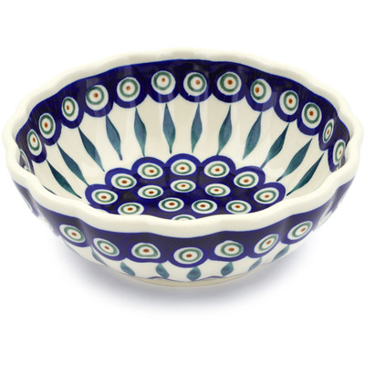 Polish Pottery Fluted Bowl 7&quot; Peacock Leaves