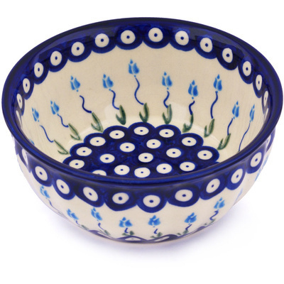 Polish Pottery Fluted Bowl 7&quot; Peacock Tulip Garden