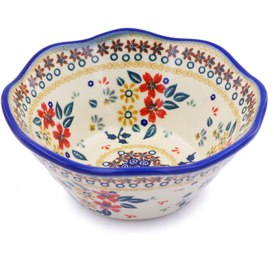 Polish Pottery Fluted Bowl 7&quot; Red Anemone Meadow UNIKAT