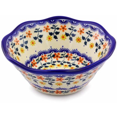 Polish Pottery Fluted Bowl 7&quot; Red Sunflower
