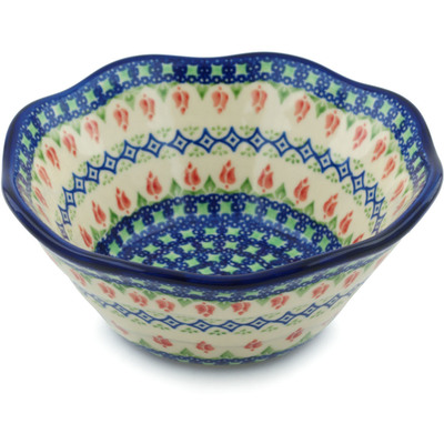 Polish Pottery Fluted Bowl 7&quot; Tulips And Diamonds