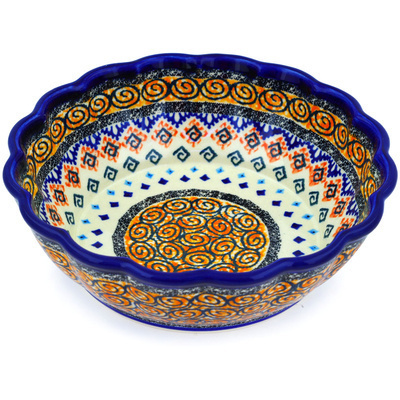Polish Pottery Fluted Bowl 8&quot; Aztec Swirls UNIKAT