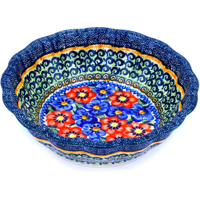 Polish Pottery Fluted Bowl 8&quot; Blue And Red Poppies UNIKAT