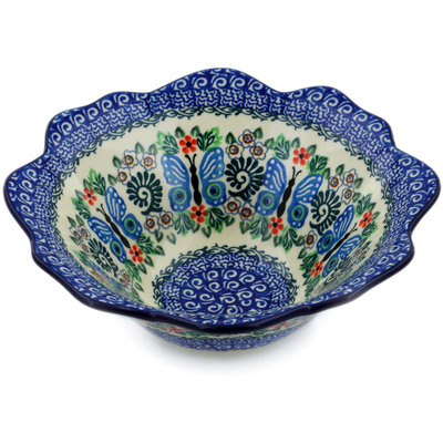 Polish Pottery Fluted Bowl 8&quot; Blue Butterfly Brigade UNIKAT