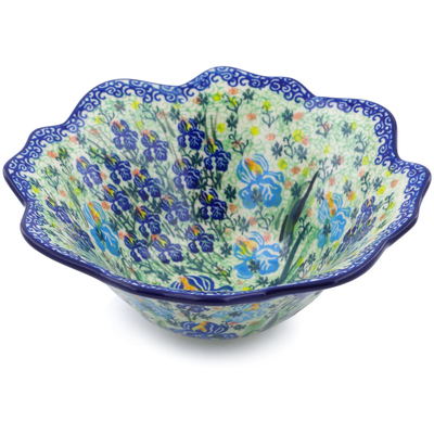 Polish Pottery Fluted Bowl 8&quot; Blue Iris Delight UNIKAT