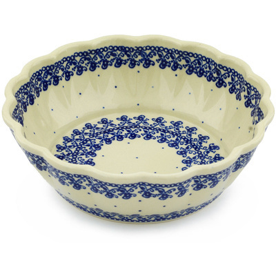 Polish Pottery Fluted Bowl 8&quot; Blue Lace Vines