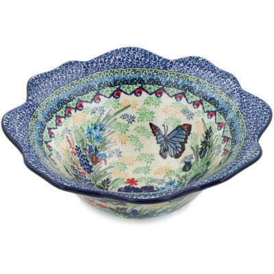 Polish Pottery Fluted Bowl 8&quot; Blue Monarch Meadow UNIKAT
