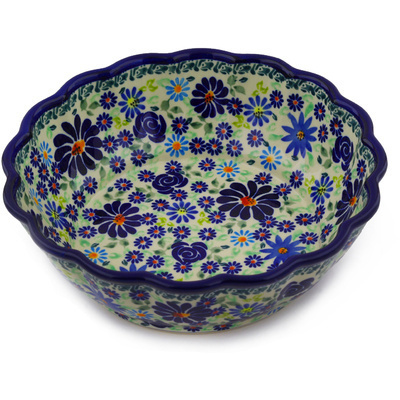 Polish Pottery Fluted Bowl 8&quot; Blue Summer Garden