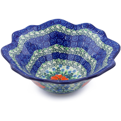Polish Pottery Fluted Bowl 8&quot; Bluebells And Lace UNIKAT