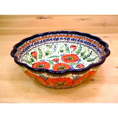Polish Pottery Fluted Bowl 8&quot; Bursts Of Red UNIKAT
