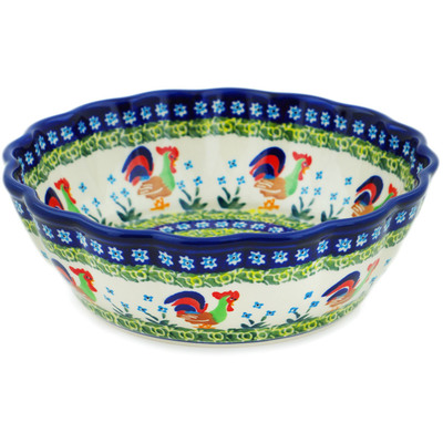 Polish Pottery Fluted Bowl 8&quot; Country Rooster UNIKAT