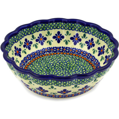 Polish Pottery Fluted Bowl 8&quot; Gingham Flowers