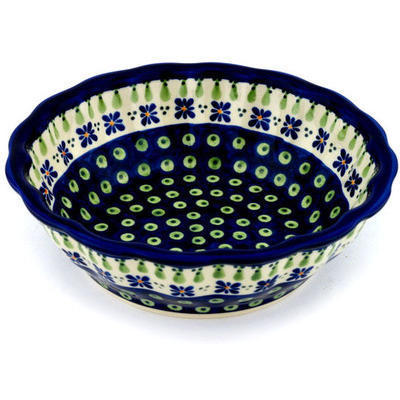 Polish Pottery Fluted Bowl 8&quot; Green Gingham Peacock