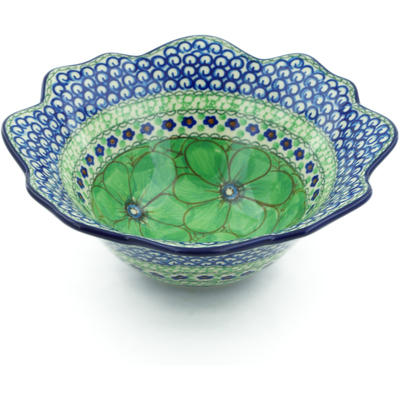 Polish Pottery Fluted Bowl 8&quot; Green Pansies UNIKAT