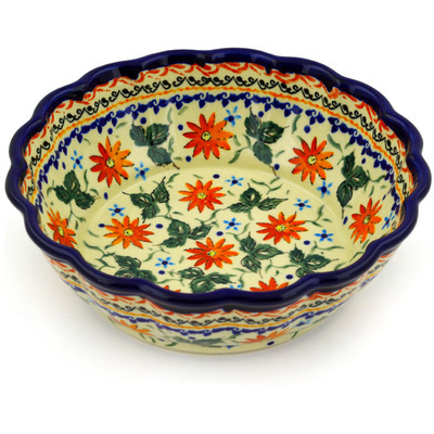 Polish Pottery Fluted Bowl 8&quot; Mexican Flame UNIKAT