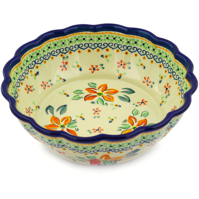 Polish Pottery Fluted Bowl 8&quot; Orange Clematis