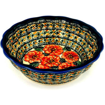 Polish Pottery Fluted Bowl 8&quot; Peach Poppies UNIKAT