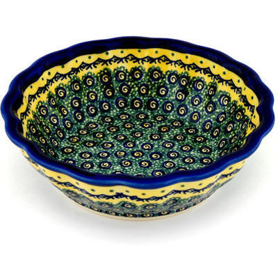 Polish Pottery Fluted Bowl 8&quot; Peacock Bumble Bee