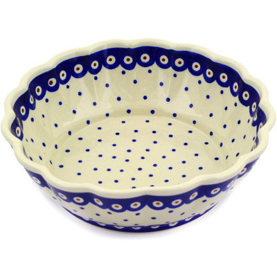 Polish Pottery Fluted Bowl 8&quot; Peacock Dots