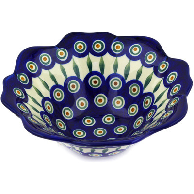 Polish Pottery Fluted Bowl 8&quot; Peacock Leaves