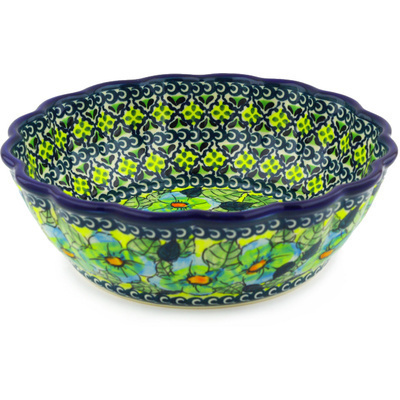 Polish Pottery Fluted Bowl 8&quot; Peek-a-blue UNIKAT